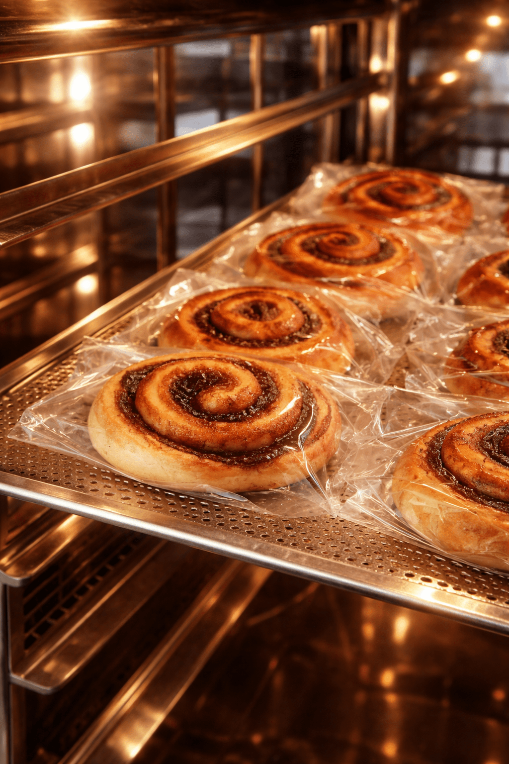 Individually packaged gluten free cinnamon rolls on a baking tray in a commercial oven